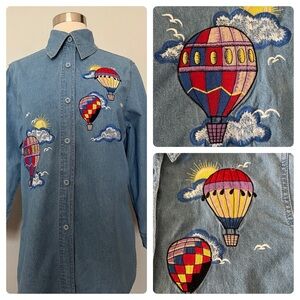 Vintage 90s Passion-1 Embroidered Hot Air Balloon Denim Long Sleeve Shirt Sz S